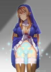  armlet ass_visible_through_thighs breasts brown_hair cameltoe closed_eyes cross cross_necklace female garter_belt habit highres jewelry kkkowy0913 large_breasts lifting_own_clothes long_hair mole mole_under_mouth navel necklace nun panties queen&#039;s_blade queen&#039;s_blade_rebellion sigui_(queen&#039;s_blade) solo thighhighs underwear very_long_hair white_garter_belt white_panties white_thighhighs 