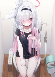  black_shirt blue_archive blush bottomless breasts clenched_hand collarbone female fukemachi hair_ribbon halo hand_in_own_hair headband highres long_hair looking_at_viewer multicolored_hair peeing pink_hair pink_halo plana_(blue_archive) ribbon shirt small_breasts solo sweatdrop toilet toilet_paper very_long_hair white_hair 