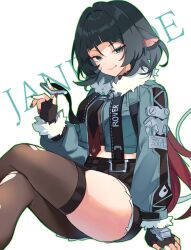  :q animal_ears black_gloves black_hair black_shorts blunt_bangs brown_pantyhose brown_thighhighs character_name closed_mouth cowboy_shot female fingerless_gloves fingernails fur-trimmed_jacket fur_trim gloves green_eyes green_hair green_jacket high-waist_shorts highres jacket jane_doe_(zenless_zone_zero) long_hair looking_at_viewer mouse_ears mouse_girl mouse_tail multicolored_hair nail_polish pantyhose red_hair red_nails shirase_(shirose) shorts sidelocks single_leg_pantyhose single_thighhigh smile solo tail thighhighs tongue tongue_out torn_clothes torn_pantyhose torn_thighhighs two-tone_hair zenless_zone_zero 