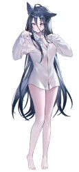  animal_ears bare_legs barefoot black_hair blush female full_body grey_eyes highres long_hair muaooooo open_mouth original see-through see-through_shirt shirt simple_background white_background white_shirt 