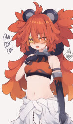  animal_ears asymmetrical_gloves bear_ears beni_shake black_gloves blush breasts brown_eyes brown_hair commentary_request crop_top elbow_gloves eyepatch female flame_print gloves grey_background hair_between_eyes hand_up highres jumpsuit jumpsuit_around_waist koleda_belobog long_hair navel nose_blush oerba_yun_fang open_mouth signature simple_background single_elbow_glove small_breasts solo squiggle very_long_hair wavy_mouth white_jumpsuit zenless_zone_zero 