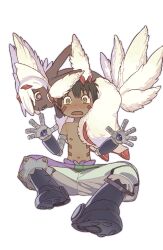  1boy blush brown_hair claws dark-skinned_female dark-skinned_male dark_skin extra_arms extra_tails facial_mark faputa female hands_up highres looking_at_another made_in_abyss makumoko mechanical_arms mechanical_legs multicolored_pants narehate navel nipples open_mouth pants red_eyes reg_(made_in_abyss) sharp_teeth short_hair simple_background sitting smile teeth topless_male white_background white_fur white_hair yellow_eyes 