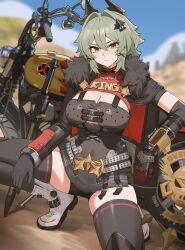  &gt;:( absurdres belt black_gloves black_thighhighs boots breasts brown_eyes caesar_king_(zenless_zone_zero) cleavage dress female fur_trim gloves grey_belt grey_dress grey_hair hair_intakes hair_ornament highres large_breasts long_sleeves looking_at_viewer microdress motor_vehicle motorcycle nvl short_hair solo squatting thighhighs v-shaped_eyebrows white_footwear zenless_zone_zero 