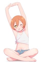  armpits arms_up bare_shoulders barefoot blue_shorts blush denim denim_shorts female flat_chest hair_between_eyes highres hoshizora_rin indian_style looking_at_viewer love_live! love_live!_school_idol_project maidforge midriff navel one_eye_closed orange_hair short_hair short_shorts shorts simple_background sitting smile solo stretching tongue tongue_out white_background yellow_eyes 