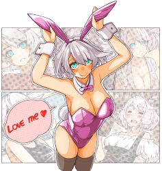  =_= absurdres animal_ears breasts closed_mouth collage_background collar commentary cropped_legs detached_collar elphelt_valentine english_commentary english_text fake_animal_ears female from_above green_eyes grey_hair guilty_gear hairband highleg highleg_leotard highres large_breasts leotard medium_hair parted_bangs pink_hairband pink_leotard playboy_bunny rabbit_ears skindentation speech_bubble sugajyun thighs white_collar 