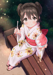  akagi_miria alternate_costume bad_id bad_pixiv_id bench black_hair blurry blurry_background blush closed_mouth commentary dirt_road drinking_straw feeding female floral_print food foreshortening from_above furururu geta grey_eyes hair_between_eyes holding holding_drinking_straw holding_food holding_spoon ice_cream_cup idolmaster idolmaster_cinderella_girls incoming_food japanese_clothes kimono light_particles looking_at_viewer night obi on_bench outdoors outstretched_arm plant road sash sharing_food shaved_ice short_eyebrows short_hair sitting smile solo spoon spoon_straw sunflower_print two_side_up white_kimono 