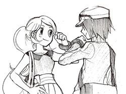  1boy calem_(pokemon) commentary_request eyewear_on_head female hk_(nt) long_hair monochrome no_headwear pokemon pokemon_xy ponytail serena_(pokemon) simple_background skirt sleeveless spoilers sunglasses white_background 