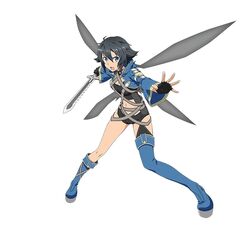  asymmetrical_legwear black_eyes black_gloves black_hair black_shorts blue_footwear boots breasts cleavage fairy fairy_wings female fingerless_gloves gloves grey_wings hair_between_eyes highres holding holding_weapon medium_breasts multiple_wings navel official_art open_mouth philia_(sao) philia_(sao-alo) short_hair short_shorts shorts simple_background solo sword_art_online sword_art_online:_code_register uneven_legwear weapon white_background wings 