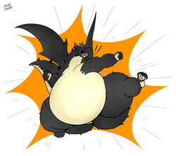  2017 action_pose anthro ass belly big_belly black_body black_scales dragon excited exclamation_point kick male membrane_(anatomy) membranous_wings mythological_creature mythological_scalie mythology overweight overweight_anthro overweight_male pose riis scales scalie simple_background solo tail wings 