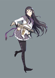  akemi_homura akemi_homura_(magical_girl) assault_rifle bad_id bad_pixiv_id black_hair commentary_request female fn_scar folding_stock gun hairband highres kaburagi_yuki long_hair magazine_(weapon) mahou_shoujo_madoka_magica mahou_shoujo_madoka_magica_(anime) pantyhose rifle solo trigger_discipline vertical_foregrip weapon 