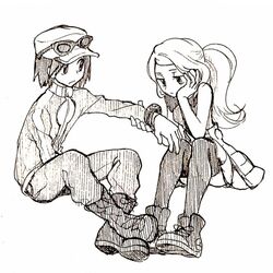  1boy arm_rest between_legs calem_(pokemon) commentary_request eyewear_on_head female hand_between_legs head_rest hk_(nt) long_hair lowres monochrome no_headwear pants pokemon pokemon_xy ponytail serena_(pokemon) shoes simple_background skirt sleeveless sneakers sunglasses swept_bangs thighhighs white_background zettai_ryouiki 