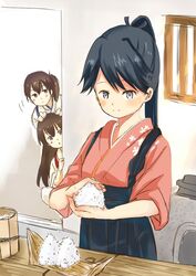  3girls akagi_(kancolle) black_hair brown_eyes brown_hair commentary_request food grey_eyes hair_ribbon hakama hakama_skirt houshou_(kancolle) japanese_clothes kaga_(kancolle) kantai_collection kimono long_hair motherly multiple_girls ohitsu onigiri peeking_out ribbon rice shimesaba_(simesabaikka) side_ponytail skirt smile tasuki 