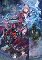  arnas_(yoru_no_nai_kuni) belt boots female long_hair magic_circle monster official_art silver_hair sleeveless solo sword thigh_boots thighhighs weapon yoru_no_nai_kuni yoshiku_(oden-usagi) 