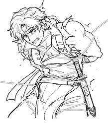  1boy belt bound castlevania:_rondo_of_blood castlevania_(series) food_fighter_441 gloves greyscale headband male_focus monochrome protected_link richter_belmont short_hair simple_background solo super_smash_bros. sword tied_up_(nonsexual) weapon whip white_background 