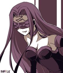  blindfold commentary_request facial_mark fate/stay_night fate_(series) female forehead_mark limited_palette long_hair medusa_(fate) medusa_(rider)_(fate) minafuni solo very_long_hair 