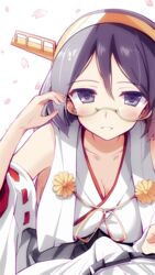  adjusting_eyewear armpits blush breasts commentary_request detached_sleeves female glasses hair_between_eyes kantai_collection kirishima_(kancolle) large_breasts nontraditional_miko semi-rimless_eyewear short_hair smile solo tranquillianusmajor under-rim_eyewear 