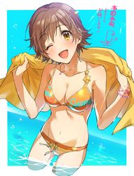  bad_id bad_twitter_id bikini brown_hair commentary female honda_mio idolmaster idolmaster_cinderella_girls jewelry ocean one_eye_closed open_mouth orange_bikini pendant short_hair sima smile star_(symbol) swimsuit symbol-only_commentary towel water yellow_eyes zattape 