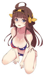  ahoge alternate_costume australia australian_flag australian_flag_bikini australian_flag_print bare_shoulders barefoot bikini blush breasts brown_hair cleavage commentary_request double_bun female flag_print full_body hair_bun hairband kantai_collection kongou_(kancolle) large_breasts long_hair looking_at_viewer maze_(gochama_ze_gohan) open_mouth photoshop_(medium) print_bikini side-tie_bikini_bottom simple_background sitting smile solo string_bikini swimsuit union_jack wariza white_background 