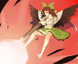  arm_cannon barefoot black_hair bow breasts commentary downscaled female firing gun hairbow huge_breasts long_hair md5_mismatch muneneko red_eyes reiuji_utsuho resized resolution_mismatch smile solo source_larger third_eye torn_clothes touhou weapon wings 