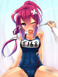  blush breasts commentary_request cotton_ball crossed_bandaids female hair_ribbon highres i-168_(kancolle) kantai_collection long_hair medium_breasts name_tag one-piece_swimsuit one_eye_closed ponytail red_eyes red_hair ribbon school_swimsuit solo swimsuit tears torn_clothes torn_swimsuit tsurime unomi 