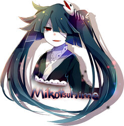  black_hair bow character_name commentary_request female fish_bone funamusea hair_ornament japanese_clothes kimono mary_(14476764) mikotsuhime_(funamusea) obi oerba_yun_fang oounabara_to_wadanohara open_mouth red_eyes sash shadow sidelocks simple_background smile solo twintails upper_body white_background 