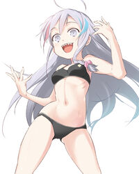  ahoge bikini black_bikini braid commentary_request female grey_eyes grey_hair hair_ribbon highres hoshi_syoko idolmaster idolmaster_cinderella_girls kiyu_rei long_hair looking_at_viewer navel open_mouth partial_commentary ribbon sharp_teeth side_braid simple_background single_braid smile solo swimsuit teeth very_long_hair wide-eyed 