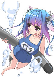  :3 air_bubble blue_hair blush breasts bubble commentary_request female hair_ornament hair_ribbon holding holding_torpedo i-19_(kancolle) kantai_collection large_breasts long_hair multicolored_hair oerba_yun_fang one-piece_swimsuit open_mouth red_eyes ribbon s_ibane school_swimsuit smile solo star-shaped_pupils star_(symbol) swimsuit symbol-shaped_pupils torpedo twintails underwater 