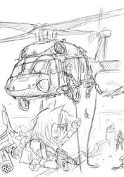  6+girls aircraft animal_ears assault_rifle bad_id bad_pixiv_id colt_commando dakku_(ogitsune) gatling_gun gloves greyscale gun headgear helicopter holding holding_gun holding_weapon m134_minigun m4_carbine military military_vehicle minigun monochrome motion_blur motor_vehicle multiple_girls original propeller rappelling rifle rocket_launcher rooftop rope soldier strike_witches_1991 striker_unit tail tank uh-60_blackhawk uniform weapon world_witches_series 