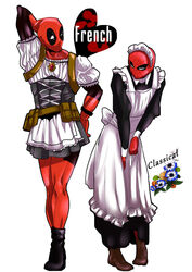  2boys abs alternate_costume arm_behind_head arm_up belt_pouch black_footwear black_skirt brown_footwear colored_skin commentary_request crossdressing deadpool deadpool_(series) english_text enmaided eye_contact flower hand_on_own_hip looking_at_another maid maid_headdress male_focus marvel masiro mask multiple_boys pouch red_skin skirt spider-man spider-man_(series) standing trait_connection 