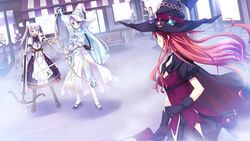  3girls blue_eyes cape game_cg gloves hat hinomiya_ayari ko~cha long_hair multiple_girls red_hair very_long_hair weapon witch&#039;s_garden witch_hat yukimura_akeno yukimura_suzuno 