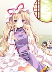  :3 ajiriko animal_ears banned_artist blonde_hair blush_stickers brown_hair cat_ears cat_tail character_doll chen dress hands_in_opposite_sleeves hat hat_ribbon highres juliet_sleeves long_hair long_sleeves mob_cap nekomata paw_pose pillow_hat puffy_sleeves purple_eyes red_dress ribbon round_window sitting solo tabard tail touhou very_long_hair white_dress wide_sleeves window yakumo_ran yakumo_yukari 