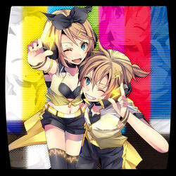  1boy ;d belt black_bow black_bra black_legwear black_shorts blonde_hair blue_eyes bow bra breasts cleavage collarbone commentary_request female grin hair_between_eyes hair_ornament hairbow headphones index_finger_raised kagamine_len kagamine_rin lightning_bolt_hair_ornament lightning_bolt_symbol looking_at_viewer midriff nail_polish navel one_eye_closed open_mouth shiny_skin shiomizu_(swat) short_hair short_shorts shorts siblings small_breasts smile stomach test_card thighhighs twins underwear unzipped vocaloid wrist_cuffs yellow_nails 