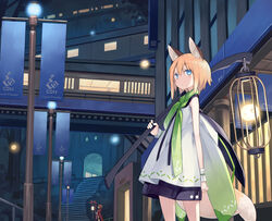  3girls animal_ear_fluff animal_ears architecture blonde_hair blue_eyes book building cloak commentary_request east_asian_architecture fox_ears fox_tail hood hooded_cloak japanese_clothes kitsune kuroino_(poco) lantern long_hair momiji_(poko) momoyama_tsutsune multiple_girls night orange_hair original outdoors paper_lantern pink_hair poco_(asahi_age) shiratama_kitsune short_hair short_ponytail sign staff stairs standing tail 