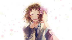  1boy :d ^_^ aida_miou blurry blurry_foreground blush brown_hair closed_eyes collared_shirt commentary curly_hair depth_of_field derivative_work eyelashes facing_viewer female flat_chest flower forehead grey_sweater hair_flower hair_ornament hand_on_another&#039;s_head happy highres kokuhaku_jikkou_iinkai long_sleeves loose_necktie necktie off_shoulder open_clothes open_mouth out_of_frame pink_flower pov red_necktie round_teeth serizawa_haruki shirt short_hair simple_background smile solo_focus sweater teeth upper_body white_background white_shirt wing_collar yamako_(state_of_children) 