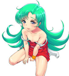  1980s_(style) android armband blue_eyes boots choujikuu_seiki_orguss commentary_request dress female flat_chest green_hair kemi_(kemi433) looking_at_viewer mome_(orguss) no_panties off_shoulder retro_artstyle simple_background sitting solo thighs wariza 