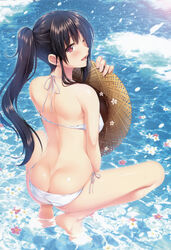  ;d absurdres alpha_(yukai_na_nakamatachi) ass back bare_legs bare_shoulders barefoot bikini black_hair blush boku_no_hitori_sensou butt_crack day female flower from_behind hat highres holding holding_clothes holding_hat imageboard_desourced inuzuka_rumi long_hair looking_at_viewer looking_back non-web_source one_eye_closed open_mouth outdoors petals ponytail red_eyes scan shallow_water side-tie_bikini_bottom smile solo squatting straw_hat sun_hat swimsuit tiptoes unworn_hat unworn_headwear wading water wet white_bikini 