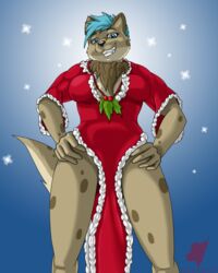  4:5 christmas clothing dress female harkrun hi_res holidays holly_(plant) hyena mammal muscular muscular_female plant solo spotted_hyena 