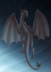  2018 absurd_res ambiguous_gender detailed digital_media_(artwork) dragon feral hi_res mythological_creature mythological_scalie mythology naahva nude outside scalie snow solo storm sunrise tail walking 