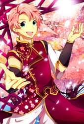  1boy alternate_costume asymmetrical_clothes bad_id bad_pixiv_id beckoning blue_eyes cherry_blossoms chinese_clothes idolmaster idolmaster_side-m kabuto_daigo looking_at_viewer male_focus nemurakko open_mouth outstretched_hand petals photoshop_(medium) pink_hair smile solo teeth 