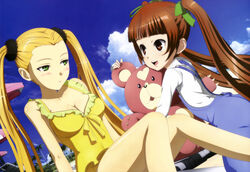  2girls absurdres aoki_hagane_no_arpeggio beach bikini blonde_hair blush breasts brown_eyes brown_hair cleavage cloud day green_eyes haruna_(aoki_hagane_no_arpeggio) highres kirishima_(aoki_hagane_no_arpeggio) legs long_hair medium_breasts multiple_girls non-web_source nyantype official_art open_mouth osakabe_makie outdoors pout sky stuffed_animal stuffed_toy swimsuit teddy_bear twintails uetaka_masanori very_long_hair yotarou_(aoki_hagane_no_arpeggio) 