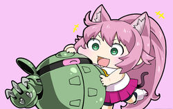  :d animal_ears bike_shorts boots cat_ears cat_tail chibi commentary_request female full_body green_eyes gundam gundam_build_divers kapool long_hair momo_(gundam_build_divers) open_mouth pink_background pink_hair ponytail simple_background skirt sleeveless smile solo tail yashiro_momoka yunaka_(259808) 