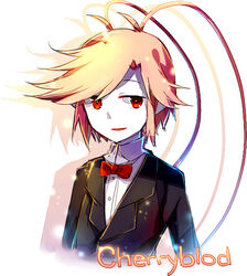  1boy bow bowtie character_name cherryblod_(funamusea) commentary_request formal funamusea lobster_boy male_focus mary_(14476764) oounabara_to_wadanohara open_mouth pink_hair red_eyes shadow sidelocks simple_background solo suit swept_bangs traditional_bowtie upper_body white_background 