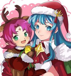  2girls alternate_costume animal_costume antlers aqua_hair bell christmas christmas_tree commentary_request dress eirika_(fire_emblem) eirika_(winter)_(fire_emblem) facial_mark fae_(fire_emblem) fae_(winter)_(fire_emblem) fire_emblem fire_emblem:_the_binding_blade fire_emblem:_the_sacred_stones fire_emblem_heroes forehead_mark fur_trim gloves green_eyes hat horns long_hair looking_at_viewer merry_christmas multiple_girls open_mouth pointy_ears purple_hair red_dress red_gloves reindeer_costume rem_(eyes_410) sack santa_costume santa_hat short_hair smile 