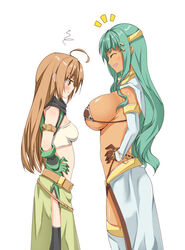  2girls ^_^ ahoge bare_shoulders black_legwear breast_envy breasts brown_gloves brown_hair capelet closed_eyes commentary_request daniella_(sennen_sensou_aigis) dark-skinned_female dark_skin gloves green_gloves hairband hands_on_own_hips large_breasts light_green_hair long_hair m.kamiya midriff multiple_girls open_mouth profile sennen_sensou_aigis sideboob soma_(sennen_sensou_aigis) thighhighs white_legwear 