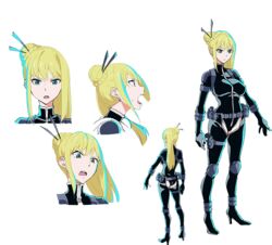  ass blonde_hair blue_eyes bodysuit braid breasts female full_body hair_bun hair_ornament hair_stick high_heels large_breasts long_hair multiple_views nancy_lee ninja_slayer official_art open_mouth single_hair_bun transparent_background 