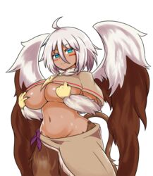  ahoge animal_hands blue_eyes breasts claws commentary dark-skinned_female dark_skin english_commentary facial_mark female fur griffon_(monster_girl_encyclopedia) hair_between_eyes highres huge_breasts looking_at_viewer monster_girl monster_girl_encyclopedia nav_(itsnav) navel short_hair smile solo stomach tail transparent_background underboob white_hair wings 