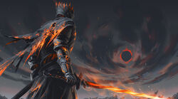  1other armor cape commentary_request crown dark_souls_(series) dark_souls_iii eclipse fire full_armor helmet photoshop_(medium) plate_armor seeker solo soul_of_cinder sword weapon 