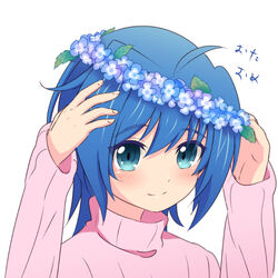  1boy ahoge bad_id bad_pixiv_id blue_eyes blue_hair blush cardfight!!_vanguard darou flower male_focus open_mouth ribbed_sweater sendou_aichi simple_background smile solo sweater turtleneck white_background wreath 