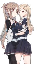  2girls asymmetrical_clothes bad_id bad_twitter_id black_serafuku black_skirt blonde_hair brown_eyes commentary from_side gloves hair_flaps hair_ornament hairclip heterochromia highres kantai_collection leg_between_thighs light_brown_hair long_hair looking_at_viewer mikiki multiple_girls murasame_(kancolle) murasame_kai_ni_(kancolle) pantyhose pleated_skirt red_eyes school_uniform serafuku simple_background skirt two_side_up white_background white_gloves yuudachi_(kancolle) yuudachi_kai_ni_(kancolle) 