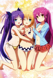  3girls ;d absurdres ahoge barefoot bikini bikini_skirt bikini_under_clothes blonde_hair blue_eyes blush breasts cleavage finger_gun futaki_kanata girl_sandwich green_eyes hair_bobbles hair_ornament half_updo highres hood hoodie kneeling little_busters! long_hair multiple_girls navel nyantype oerba_yun_fang official_art one_eye_closed open_clothes open_hoodie open_mouth pink_hair plaid plaid_bikini pointing polka_dot polka_dot_bikini polka_dot_swimsuit purple_hair red_bikini sakamoto_tetsuya sandwiched sasasegawa_sasami scan side-tie_bikini_bottom smile sparkle string_bikini striped_bikini striped_clothes swimsuit thigh_gap tokido_saya tsurime two_side_up very_long_hair yellow_eyes 